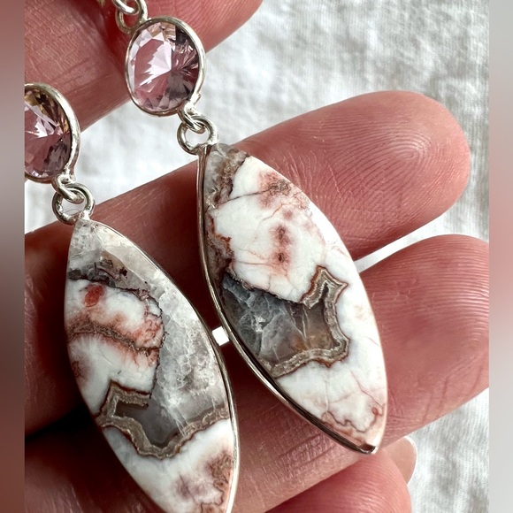 925 Crazy Lace Agate + Morganite Earrings - Picture 3 of 6